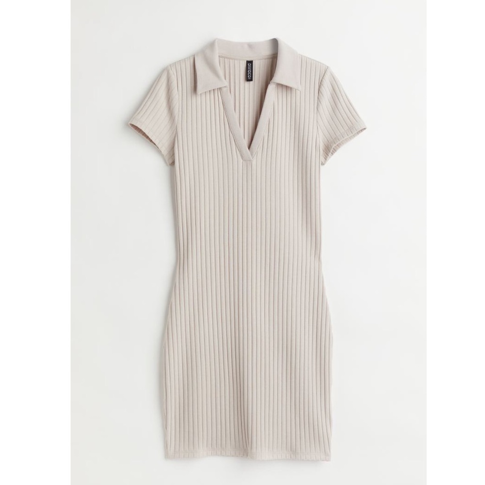 h&m beige ribbed collared dress 🧸✨